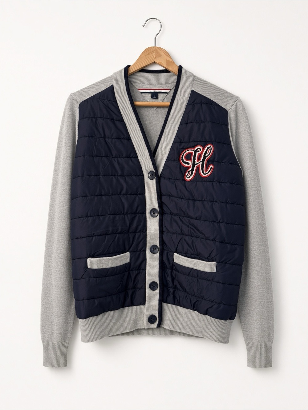 Tommy Hilfiger varsity letterman cardigan with H patch, puffy Quilted Sweater